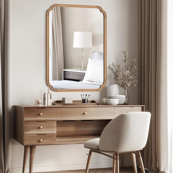 HOMECOOKIN Wood Bathroom Mirror for Wall Decor Arched Rounded Corner Rustic Wood Frame Wall Mirror Home Decorative for Vanity, Living Room, Bedroom, Entryway (30 x 40 inch, Honey)