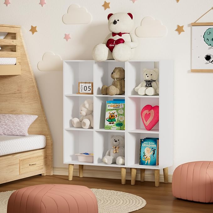 6 Cube Bookcase, Wooden Book Shelf Cube Storage Organizer with Legs, 3 Tier Bookshelf Freestanding Open Shelves for Bedroom, Living Room and Home Office (White, 6 Cube Vertical)