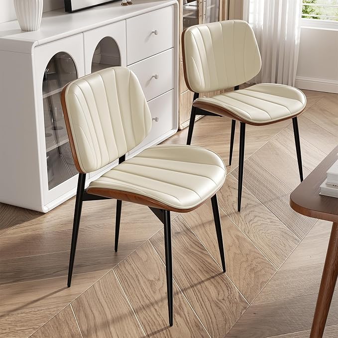 Dining Chairs Set of 2, Mid Century Modern Dining Room Chair, Upholstered Faux Leather Kitchen Chairs with Walnut Bentwood Back and Metal Legs for Kitchen Dining Room Living Room, Beige