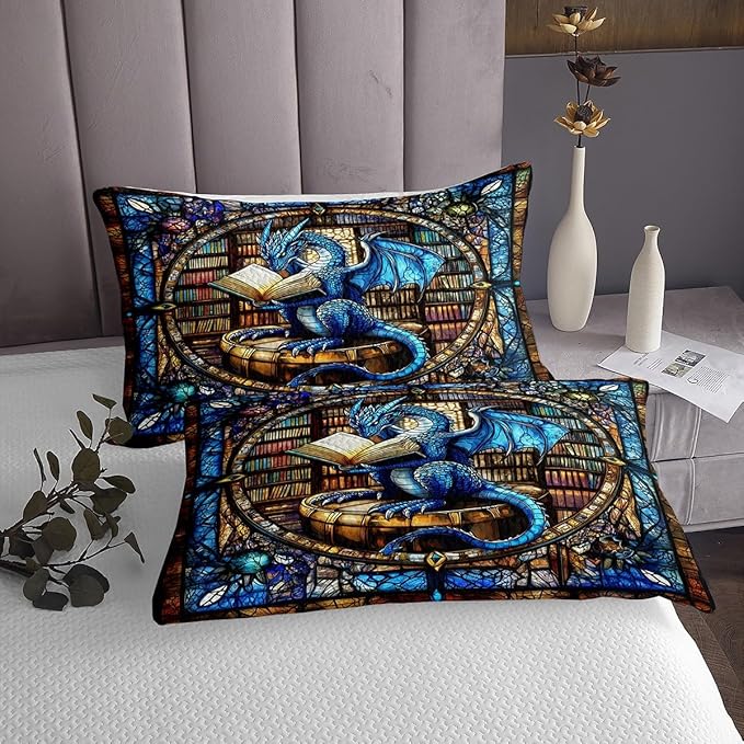 Western Dragon Kids Bedspread King Size,Blue Dragon Reading Book Bookshelf Coverlet Set,Boys Girls Room Decor,Geometric Patchwork Abstract Quilted Coverlet,Trippy Chic Bedding Quilt,2 Pillowcases