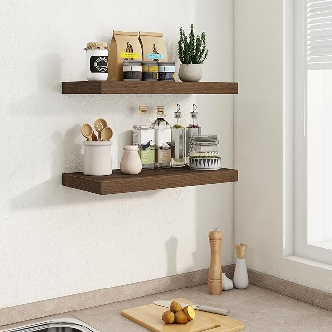 24"W x 9.3"D Floating Shelves for Wall, Wall Mounted Bathroom Shelves 2 Pack Deep Floating Shelf for Bedroom Kitchen Living Room, Rustic Wooden Wall Shelf with Invisible Bracket for Books Decor
