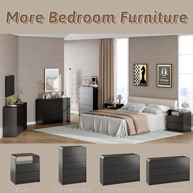 Fluted 6 Drawer Dresser for Bedroom, 47" Wide Wood Chests of Drawers with Curved Profile, Mid Century Modern Dresser with Large Storage & Hidden Handle for Living Room, Hallway, Black