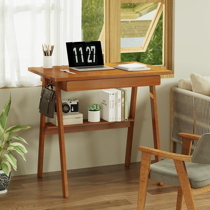 Solid Wood Desk with Drawers - 31.5 Inch Mid Century Modern Desks with Storage Shelf, Small Writing Desk for Small Spaces, Home Office Desks for Bedroom & Home, Walnut Color