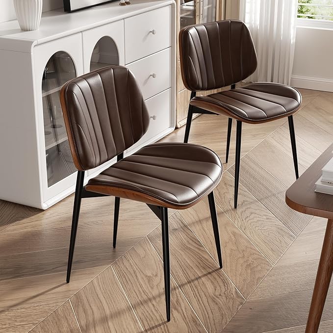 Dining Chairs Set of 8, Mid Century Modern Dining Room Chairs, Upholstered Faux Leather Kitchen Chairs with Walnut Bentwood Back and Metal Legs