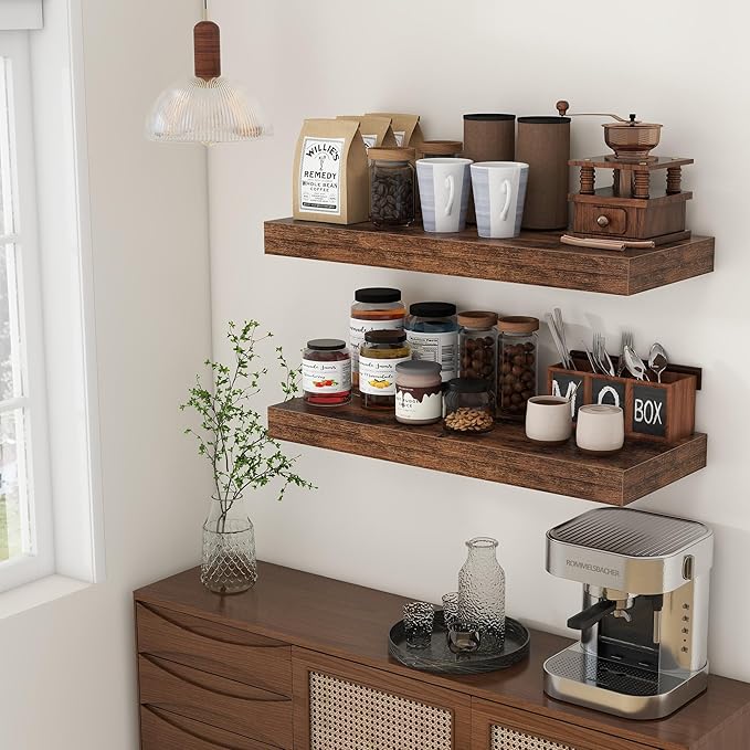 30 Inch Floating Shelves | 12 Inch Deep Brown Floating Shelves Set of 2 | 30" W x 12" D Rustic Wood Shelves for Wall | Deep Brown Shelves for Living Room Bathroom Laundry Room Kitchen