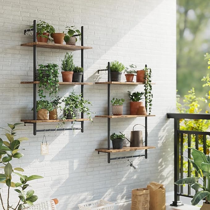 Bestier 3 Tier Industrial Pipe Shelving, Floating Kitchen Shelves for Wall, Storage Coffee Bar Hanging Shelves with Towel Bar for Kitchen Living Room Bathroom Organizer Bedroom, 24 Inch Rustic Brown