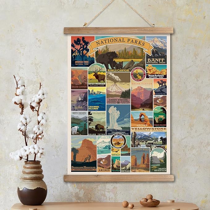Comprehensive National Parks Display: Poster highlights a collection of USA national parks; each represented by a unique and colorful illustration capturing the essence of the park's landscapes and landmarks