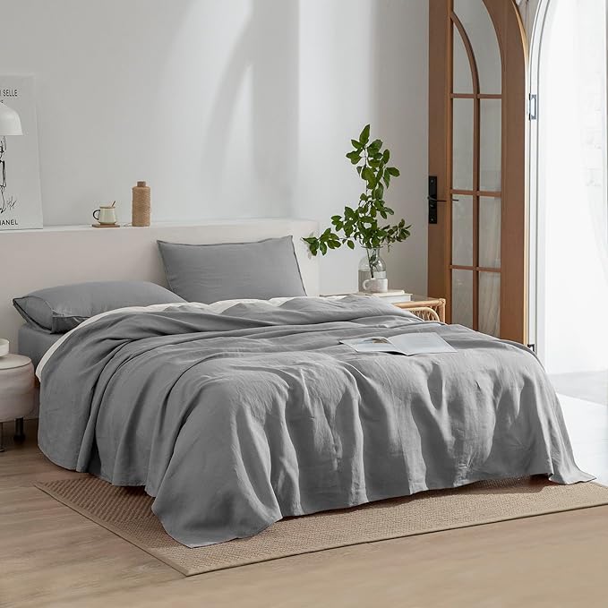 EVERLY Linen Twin Sheets Set, 100% Stonewashed French Linen Bed Sheets Deep Pocket Sheets, 3 Pieces (1 Flat Sheet, 1 Fitted Sheet, 1 Pillowcase) Natural Flax Bedding Set, Light Grey