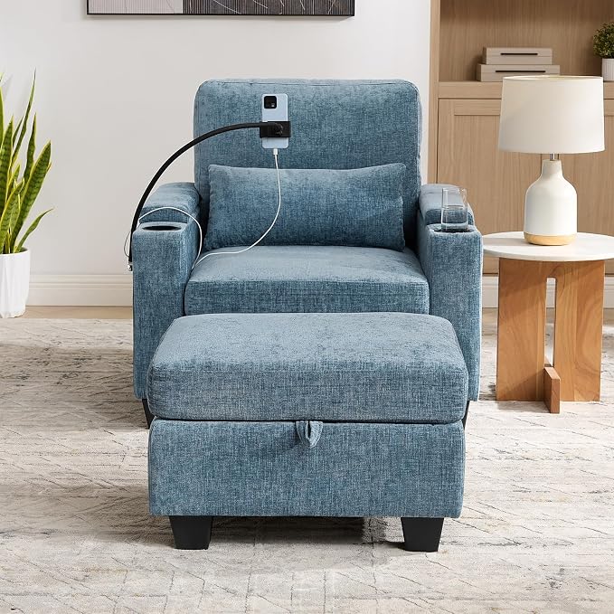Oversized Chaise Lounge Chair Indoor, Single Convertible Recliner Reading Arm Sofa Chair W/Adjustable Backrest & Charging Port Couch Bed for Living Room, Home Theater & Bedroom, Blue