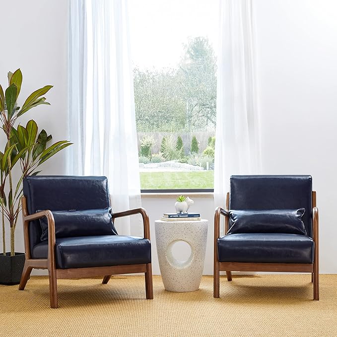 Glitzhome 30.75" H Mid Century Navy Blue Accent Armchair, Single Reading Armchair PU Leather Lounge Chair with Walnut Ruberwood Frame