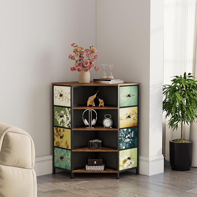LUMTOK 8 Drawers Corner Dresser with Storage Fabric Drawers and Open Shelves for Small Space,Bedroom,Entryway,Living Room (Retro Pattern)