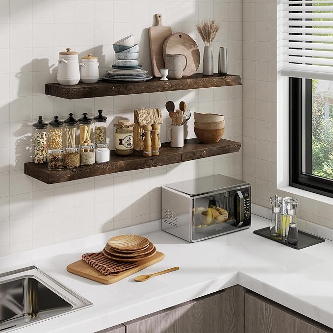 Extra Deep 55" Long Live Edge Rustic Floating Shelves for Wall, Solid Wood Wall Shelves with Invisible Bracket Mount for Living Room Bathroom Bedroom Kitchen, Set of 1, Natural