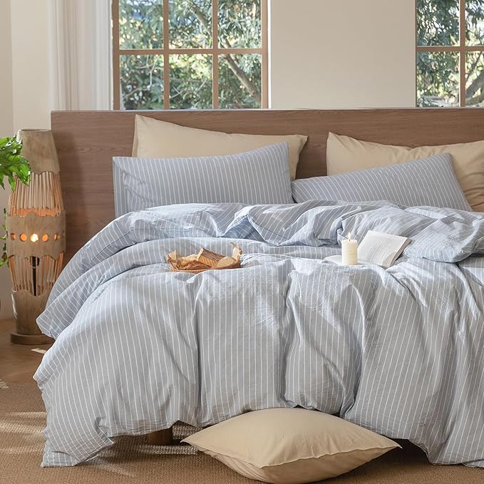 MooMee Striped Duvet Cover Set 100% Washed Cotton Linen Like Textured Breathable Durable Soft Comfy (Cornflower Blue White Wide Stripes, Twin 68"x90")