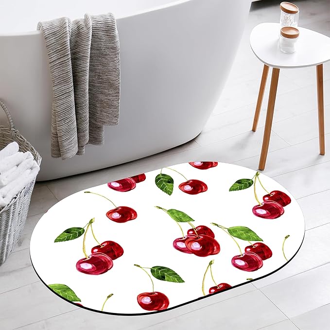 Bathroom Rug Mat Watercolor Red Cherry Oval Bath Mat Doormat Absorbent Quick Dry Non Slip Diatom Mud Mat for Shower Tub Sink Laundry Kitchen Doorway 23.6x15.7 Inches