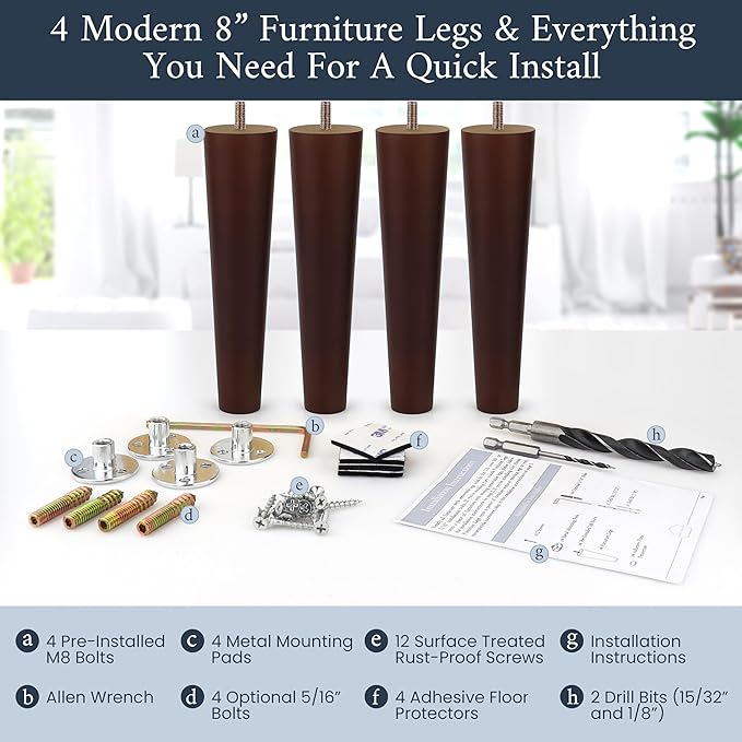 Premium Walnut Wood Furniture Legs (Full Install Kit) - Pick Your Size and Color