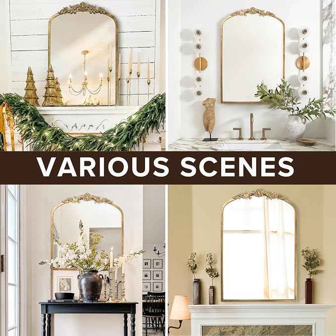 PERFNIQUE Vintage Mirror, 30" X 19" Arched Antique Baroque Mirror, Gold Traditional Wall Decor, Ornate Decor Anthro Look Alike Decor for Bathroom Living Room Fireplace Entryway Mantle Hallway