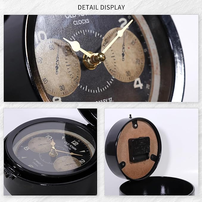 Vintage Jewel Box Table Clock, Vintage Decorative Desk and Shelf Clock, Mantel Clock Farmhouse Clocks, Home Décor for Living Room, Bedroom, Bedside, Desk, Gift Clocks (Black)