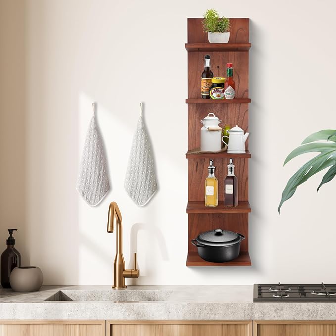 5 Tier Wall Shelf Unit,Vertical Column Shelf Floating Storage Home Decor Organizer,Display Floating Shelf for Bedroom, Living Room,Vanity -2 Pcs(Walnut)