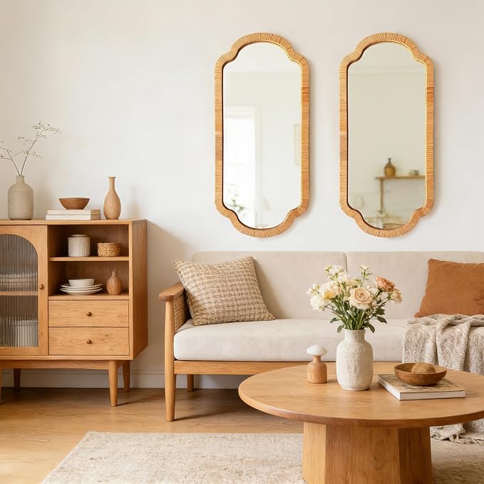 BAODANFU Rattan Wall Mirror,18" x 40" Handwoven Scalloped Decorative Mirrors, Boho Wicker Vanity Mirror for Bedroom, Dressing Closet Living Dining Room, Decor of Entryway Hallway Stairwell