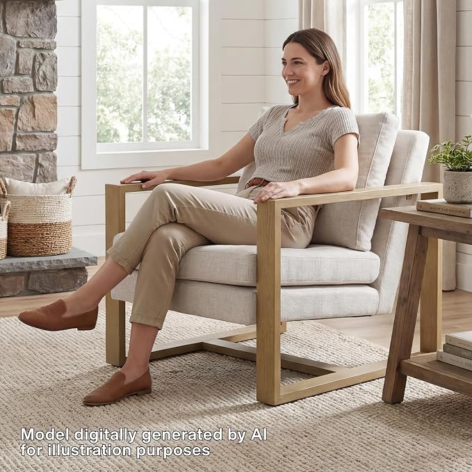 CIMOTA Modern Mid Century Accent Chairs Set of 2 Comfy Armchairs with Armrests Upholstered Reading Lounge Chairs with Metal Frame for Living Room Bedroom Office, Natural Wood Finish Beige