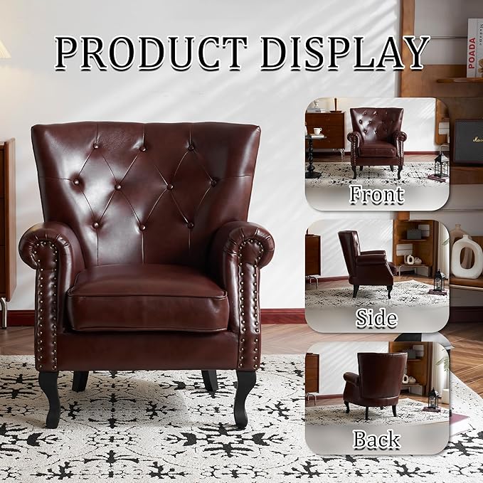 Modern Faux Leather Accent Chair, Upholstered Mid-Century Armchair with Solid Wood Legs, Single Sofa Chair for Living Room, Bedroom, or Reading Room(Reddish Brown)