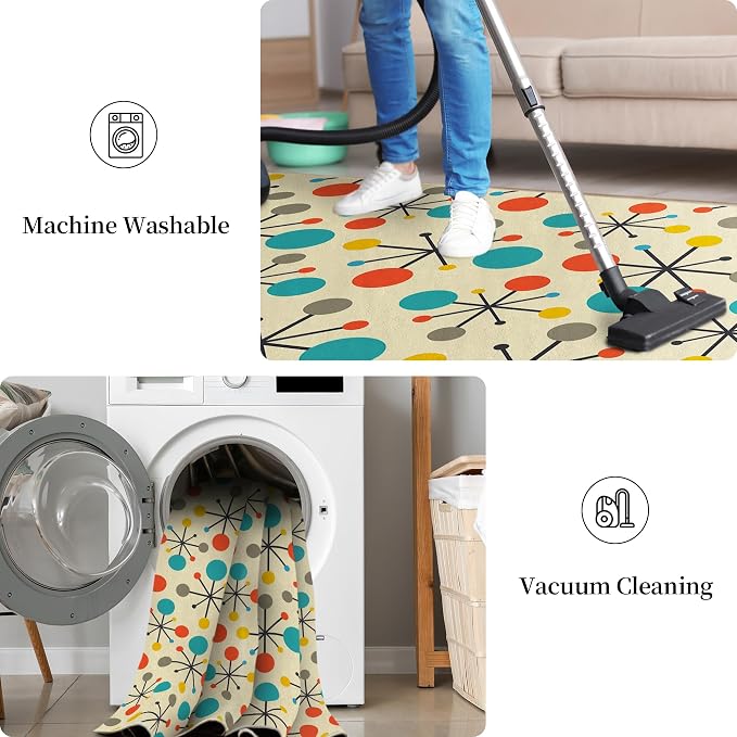 8x10 Retro Area Rug for Living Room Bedroom Dining Room, Mid Century Modern Atomic Living Room Rug Non-Slip, Yellow Floor Rug Carpet Machine Washable