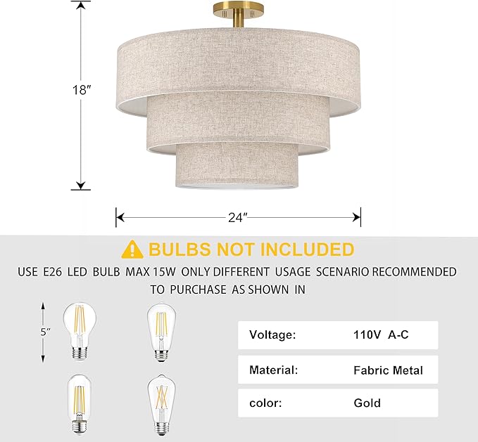 Doraimi Lighting 3 Tier Milky Apricot Linen Drum Fabric Semi Flush Mount Light Modern Farmhouse Decor 7 Light 24 Inch Retro Gold Finish for Kitchen Living Room Dining Room Corridor Hallway