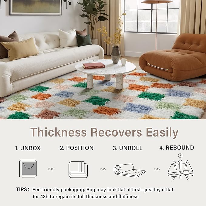 Checkered Rug 5x5 for Living Room, Modern Neutral Shag Rug Washable Non-Slip Large Area Rug Super Soft Indoor Fuzzy Carpet Fluffy Rugs for Bedroom Home Aesthetic Decor
