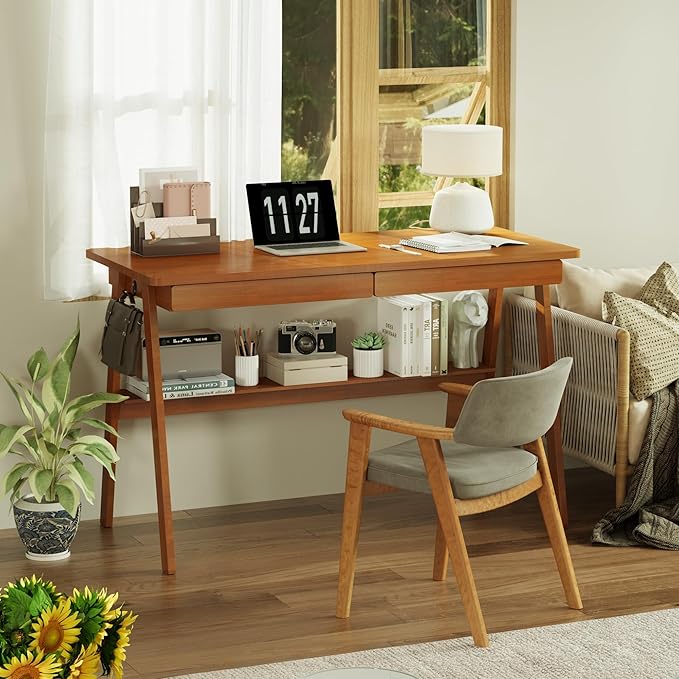 Solid Wood Desk with Drawers - 47.2 Inch Mid Century Modern Desks, Writing Desk with Drawers & Storage Shelf, Home Office Computer Desks for Bedroom & Home, Walnut Color