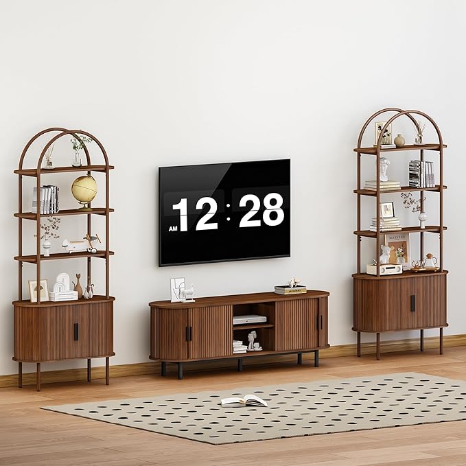 71" Tall Arched Bookshelf with Storage Cabinet, Mid Century Modern Bookcase Cabinet, Curved Frame Bookcase, Industrial Storage Display Shelving for Living Room, Bedroom, Home Office (Walnut Brown)