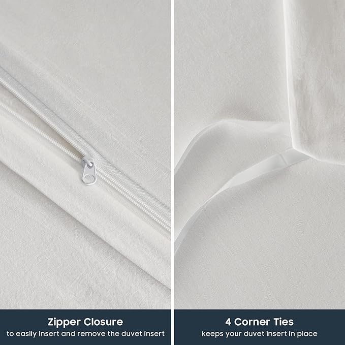 Wake In Cloud - Cotton Duvet Cover Set, 100% Washed Cotton, Linen Like Textured, Breathable Durable Comfy Farmhouse Neutral Bedding Set, 3 Pieces, White, Queen Size