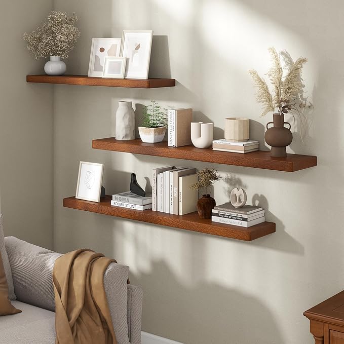 Fun Memories 48 Inch Floating Shelves, Rustic Solid Wood Wall Shelves Set of 1, 8 Inch Deep Floating Shelf for Bathroom, Bedroom, Heavy-Duty Wooden Shelf Wall-Mounted for Home Decor & Storage