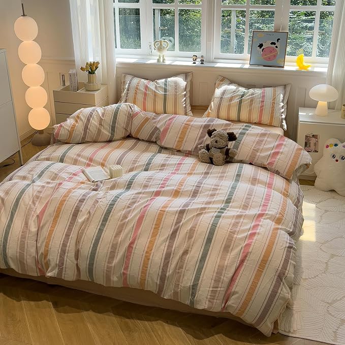 mixinni Vintage Striped Duvet Cover Set Full, 3-Piece 100% Washed Cotton Bedding Set - Soft & Breathable Colorful Comforter Cover with Zipper, All-Season Lightweight Bed Set for Cozy Home