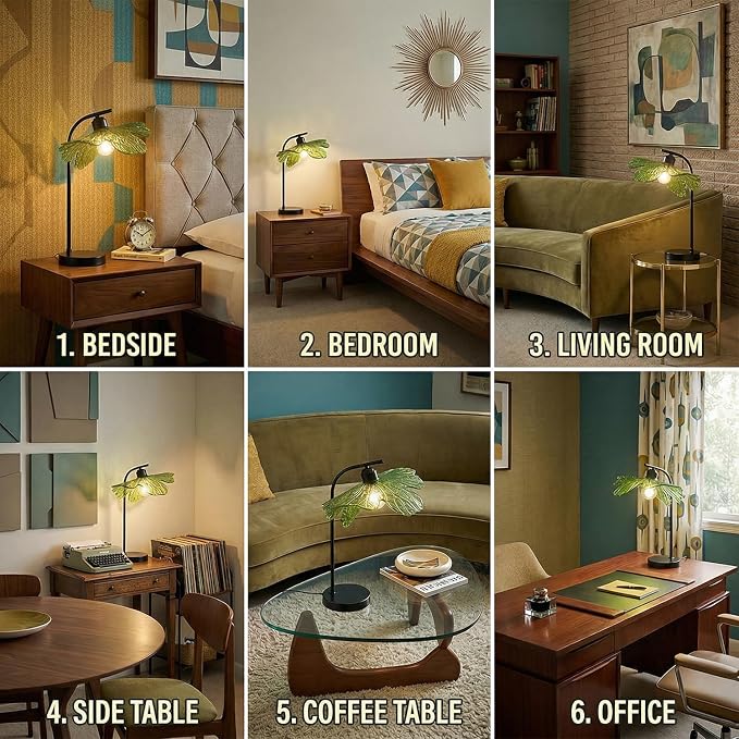 Mid Century Modern Lamps Black Table Lamp, Green Flower Glass Shade Desk Lamp, Small Vintage Bedside Nightstand Light for Living Room Bedroom Farmhouse Office