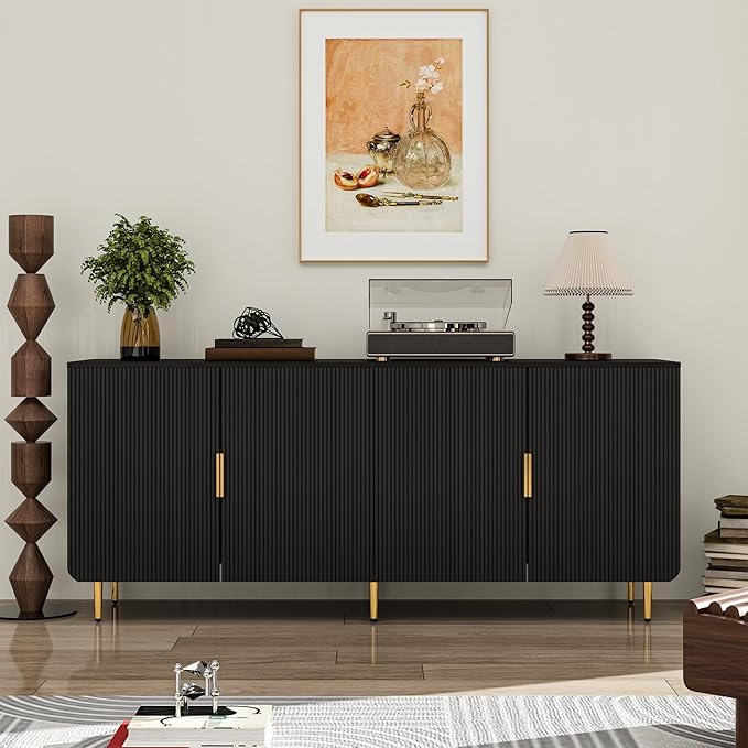 65" Fluted Sideboard Buffet Cabinet with Storage, Console Cabinet with 4 Doors & Adjustable Shelves, Modern Buffet Table for Kitchen Dining Living Room Hallway Entryway, Black