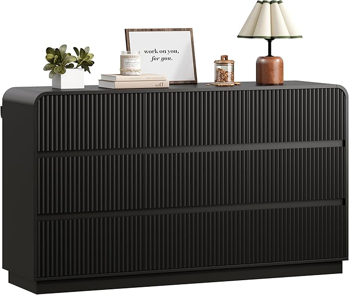 Black Dresser Fluted 9 Drawers Dresser for Bedroom, 59" Wide Wood Chest of Drawers with Hidden Handles & Rounded Corners, Modern TV Stand Storage Cabinet for Living Room, Hallway, Entryway
