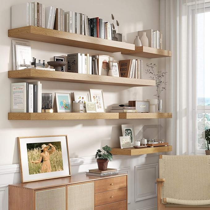 72 Inch Oak Floating Shelf | 12 Inch Deep Floating Shelves Set of 1 | 72" D x 12" D Rustic Wood Shelves for Wall | Deep Oak Shelves for Living Room Bathroom Laundry Room Kitchen