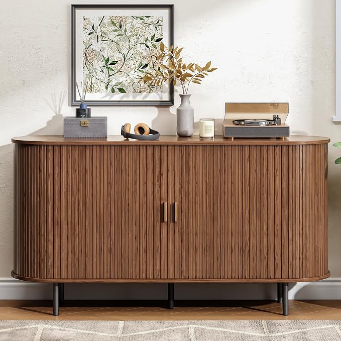Buffet Cabinet with Storage, 55" Fluted Sideboard Buffet with Sliding Door, Coffee Bar Cabinet with Adjustable Shelf, Console Table, Accent Table for Entryway, Kitchen, Dining Room, Walnut
