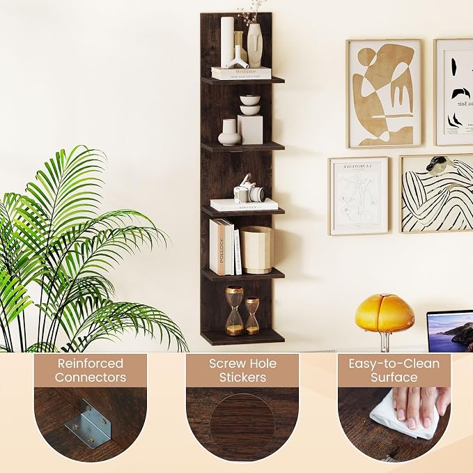 LOKO 5-Tier Wall Shelf, Vertical Column Storage Organizer with Expansion Screws, Decorative Wall Mounted Shelving, Floating Wooden Display Shelf for Living Room, Kitchen, Bathroom (1,Rustic Brown)
