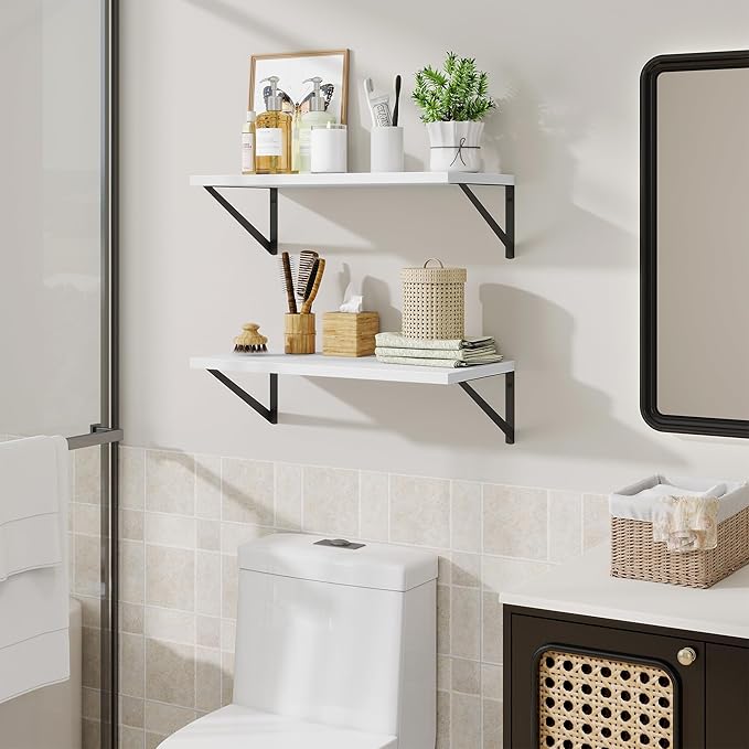 Deep Floating Shelves,24" Wx10 D Floating Shelf for Wall Set of 2,Hanging Storage Shelf with Metal Brackets,Wide Display Wall Shelves for Living Room,Bedroom,Bathroom,Kitchen,White