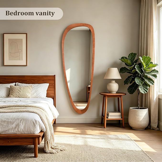 HOMECOOKIN 60" H x 22" W Asymmetrical Mirror Full Length, Irregular Wooden Wall Mirror for Bedroom, Living Room,Entryway– Boho Mid-Century Modern Decorative Mirror, Solid Wood Frame(Walnut)