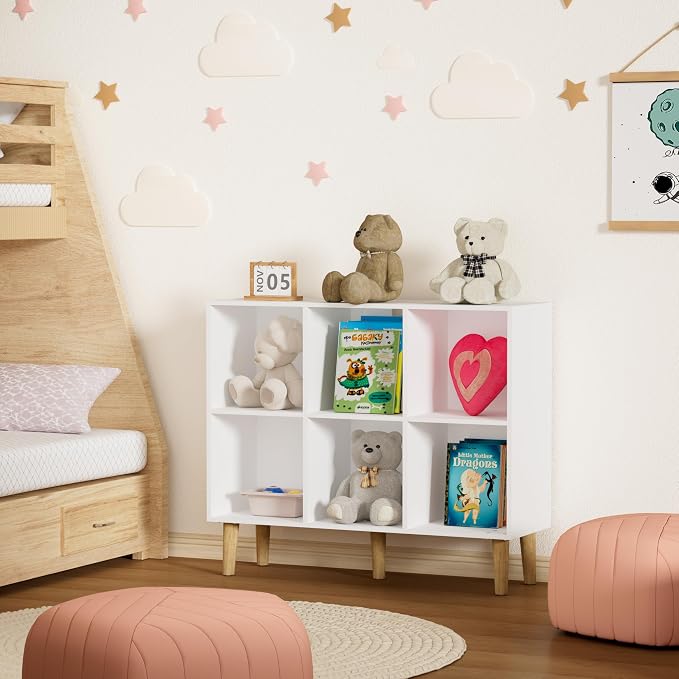 6 Cube Bookcase, Wooden Book Shelf Cube Storage Organizer with Legs, 2 Tier Bookshelf Freestanding Open Shelves for Home Office, Living Room, Bed Room (White, 6 Cube Horizontal)