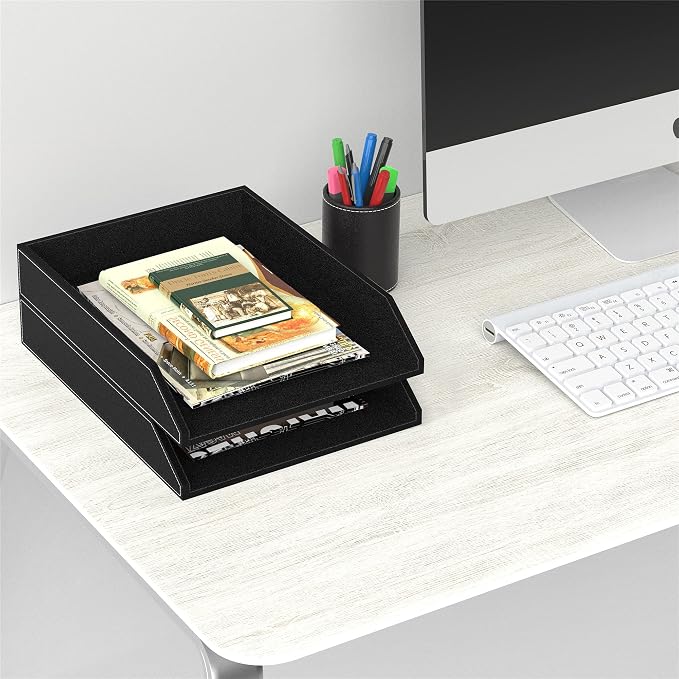 Leather Letter Tray, Thipoten Stackable Desk Organizer Holder for Office Supplies, Paper, File, Magazine, Perfect Office Organization for Desktop (Black-2Tiers)