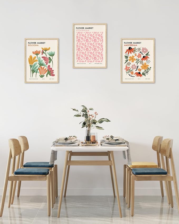 HesenDot Unframed Floral Wall Art Set of 3,12x16in Flower Market Canvas Prints, Minimalist Amsterdam Stockholm Bologna Posters for Living Room Bedroom Office Home, Unframed