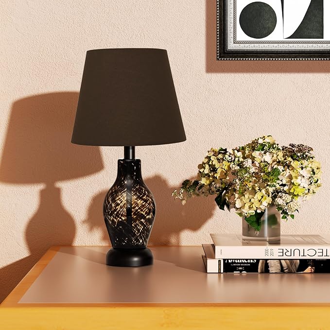 ONEWISH Small Bedside Table Lamp Set of 2, Wine Bottle Shape Glass Body, Warm Ambient Lighting, Bulb Included, 14" Height, Black