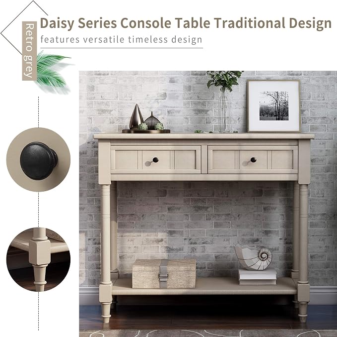 35.43” Entry Console Table with Drawers & Bottom Open Shelf, Solid Wood Sofa Couch Table for Entryway Living Room, Save Space, Retro Grey