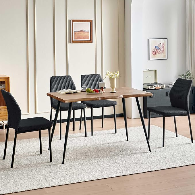 Dining Table Set for 4, Modern Wood Irregular Rectangle Dining Table, Linen Fabric Dining Chairs 4,Table and Chairs Set of 4 for Kitchen Dining Room, Black