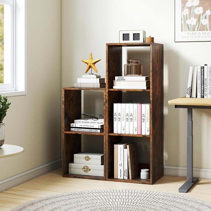 Tangkula 3-Cube Bookcase, 4-Tier Bookshelf with Open Compartments, Freestanding Cube Storage Organizer with Anti-Toppling Kits, Modern Display Shelf for Living Room, Study (2, Rustic Brown, 3-Cube)