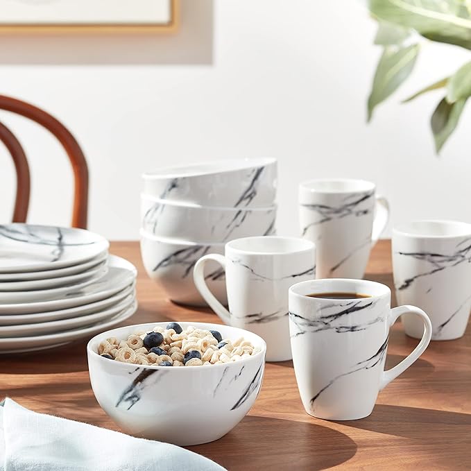 American Atelier Marble Black Coup Casual Round Porcelain Dinnerware Set-16 Piece Party Collection w/ 4 Dinner Salad Plates, 4 Bowls & 4 Mugs, 10.5", White