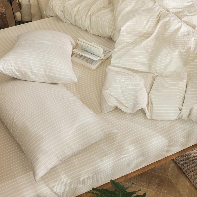 MooMee Striped Duvet Cover Set 100% Washed Cotton Linen Like Textured Breathable Durable Soft Comfy (Almond Milk Grey White Wide Stripes, Full 80"x90")